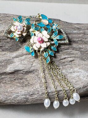 Beautiful Asian Inspired Enamel Fan Brooch Pink Blue Faux Pearl Tassel Flowers